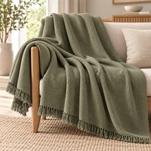 100% Cotton Sofa Throw Cover With Fringe –170x200 Cm - Non-Slip Couch Protector& Suitable For Single - Double Couch & Living Room - Olive Green - View 3