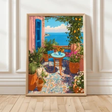 1-Piece Mediterranean-Style Terrace Landscape Painting, Coastal-Style Home Decor, Blue Shutters, Garden Terrace Canvas Painting.(Optional Frame) - A - View 8