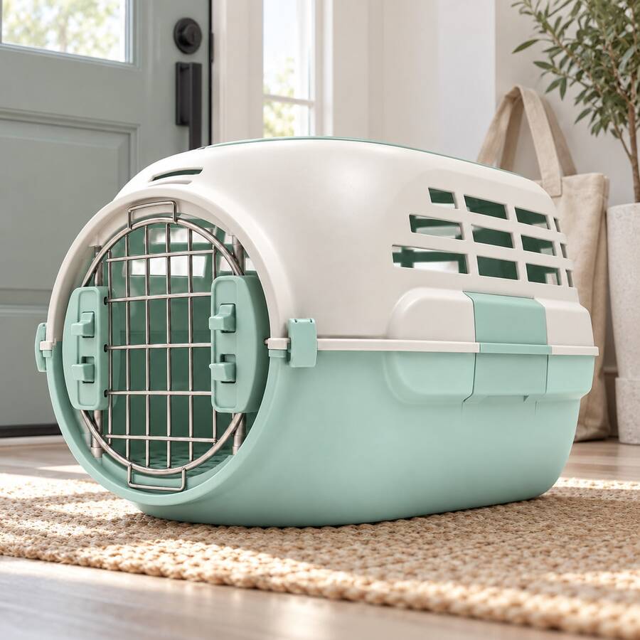 Cat And Small Pet Carrier Box With Carry Handle And Double Doors, For Car Journeys, Outings And Camping, Two Colours - Mint Green - View 1
