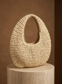 CAJUNI Fashionable Minimalist Handmade Straw Shoulder Tote Bag For Women - Beige - View 1