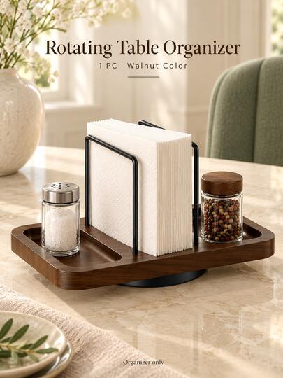 1pc 360° Rotating Napkin Holder & Spice Rack, Walnut Wood Grain Base With Black Metal Frame, Dual-Layer Grooved Tray, Suitable For Kitchen Countertop And Dining Table, Home Storage, Rotating Spice Organizer For Home Use