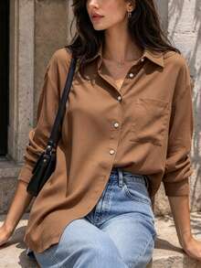 2026 Early Autumn Fashion Commute & Outing Basic Cotton Long Sleeve Shirt, Solid Color Minimalist Button-Down Elegant Blouse For Women - Mocha Brown - View 2