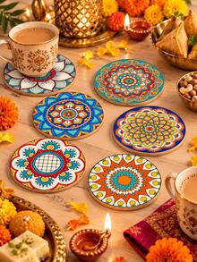6pcs Diwali Wooden Coasters, Multicolor Mandala Round Wooden Coasters, Bohemian Floral Geometric Tabletop Protector, Kitchen Dining Home Decor, Diwali Coffee Tea Cup Decoration, Holiday Party Table Gift - Multicolor - View 6