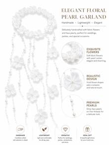 Bohemian Style White Floral Tassel Headband With Faux Pearl Chain, Vintage Floral Crown Hair Accessory, Suitable For Wedding Photography, Festivals, Parties, Cosplay And Events - White Petals - View 5