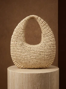 CAJUNI Fashionable Minimalist Handmade Straw Shoulder Tote Bag For Women - Beige - View 4