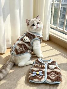 1PC Cat Winter Warm Lamb Fleece Vest Sleeveless Open Front Pet Jacket Soft Plush Anti Cold Kitten Clothes For Ragdoll Golden Shaded Devon Rex Small Pet Indoor Daily Wear - Brown - View 2