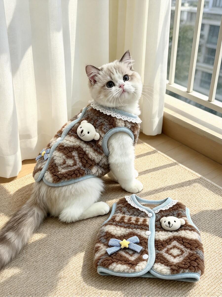 1PC Cat Winter Warm Lamb Fleece Vest Sleeveless Open Front Pet Jacket Soft Plush Anti Cold Kitten Clothes For Ragdoll Golden Shaded Devon Rex Small Pet Indoor Daily Wear