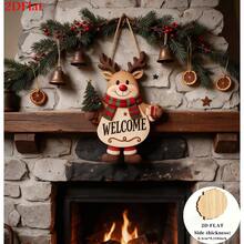 2D Flat, 1pc Vintage Christmas Reindeer Wooden Welcome Hanging Decor - A - View 5