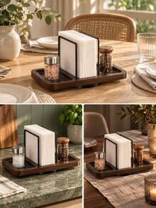 1pc 360° Rotating Napkin Holder & Spice Rack, Walnut Wood Grain Base With Black Metal Frame, Dual-Layer Grooved Tray, Suitable For Kitchen Countertop And Dining Table, Home Storage, Rotating Spice Organizer For Family Use, Christmas Table Decor, Christmas Gift - Multiple Styles - View 3