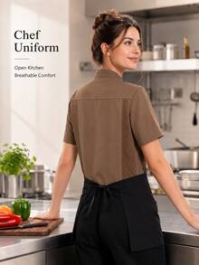 Elegant Women's Brown Short Sleeve Chef Uniform, Stand Collar Button Design, Professional Restaurant Workwear Top Fall - Khaki - View 9