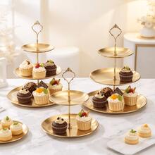 3pcs/4pcs Stainless Steel Multi-Layer Home Storage Tray, Nordic Style Dessert Stand, Afternoon Tea Snack Tray, Luxury Party Decoration - Gold - View 8