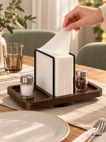 1pc 360° Rotating Napkin Holder & Spice Rack, Walnut Wood Grain Base With Black Metal Frame, Dual-Layer Grooved Tray, Suitable For Kitchen Countertop And Dining Table, Home Storage, Rotating Spice Organizer For Family Use, Christmas Table Decor, Christmas Gift - Multiple Styles - View 7