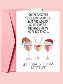 1pc Funny Wine Lover Christmas Card, Watercolor Wine Glass With Christmas Hat And Reindeer Antlers Design, Humorous Song Parody Christmas Card With Envelope, Holiday Gift For Alcohol-Loving Friends, Christmas Party Card, Thickened And Enlarged Envelope And Card - Multicolor - View 6