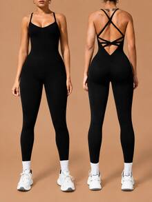 1pc Women's V-Cross Back Strap Running Yoga Workout Outdoor Sports Jumpsuit - Black - View 1