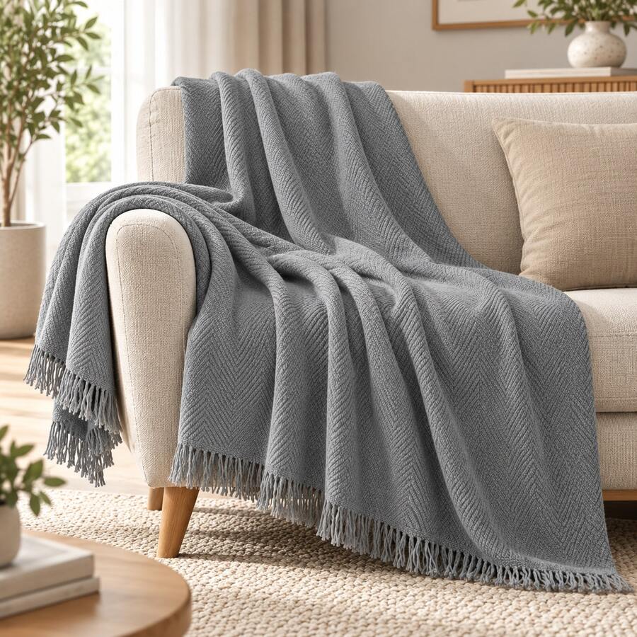 بطانية أريكة من القطن 100% مع شرابات – 180x300 سم - واقي أريكة أزرق داكن مانع للانزلاق & مناسب للأريكة المزدوجة & غرفة المعيشة - رمادي - مشاهدة 1