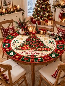 1pc Christmas Tree Gift Table Cover, Elastic Fitted Tablecloth, Merry Christmas Tree Snowflake Heart Star Plaid Print Stretch Spandex Dining Table Cover For Xmas Holiday Party Kitchen Farmhouse Home Decor - Multicolor - View 5