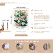 1-Piece Plant And Flower Poster, Printed On Turquoise And Peach Canvas, Vintage Art And Craft Style Wall Decoration.(Optional Frame) - A - View 16