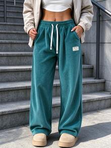 Women's Casual Corduroy Wide Leg Pants, Elastic Waist Drawstring Label Decor Loose Long Pants, Autumn/Winter Loose Street Style With Pockets Halloween Pants - Blue - View 7