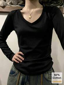 女款黑色V領長袖T恤，秋冬內搭底層上衣，修身顯瘦純色，92%棉 - 黑色 - 查看 2