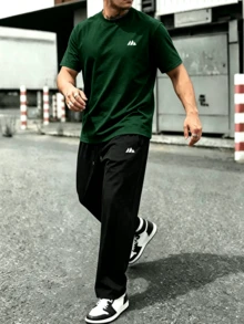 2pcs/Set Men's Fashion Minimalist Letter Print Casual Short Sleeve T-Shirt & Pants Set, Suitable For Street, Outdoor And Daily Wear - Green - View 1