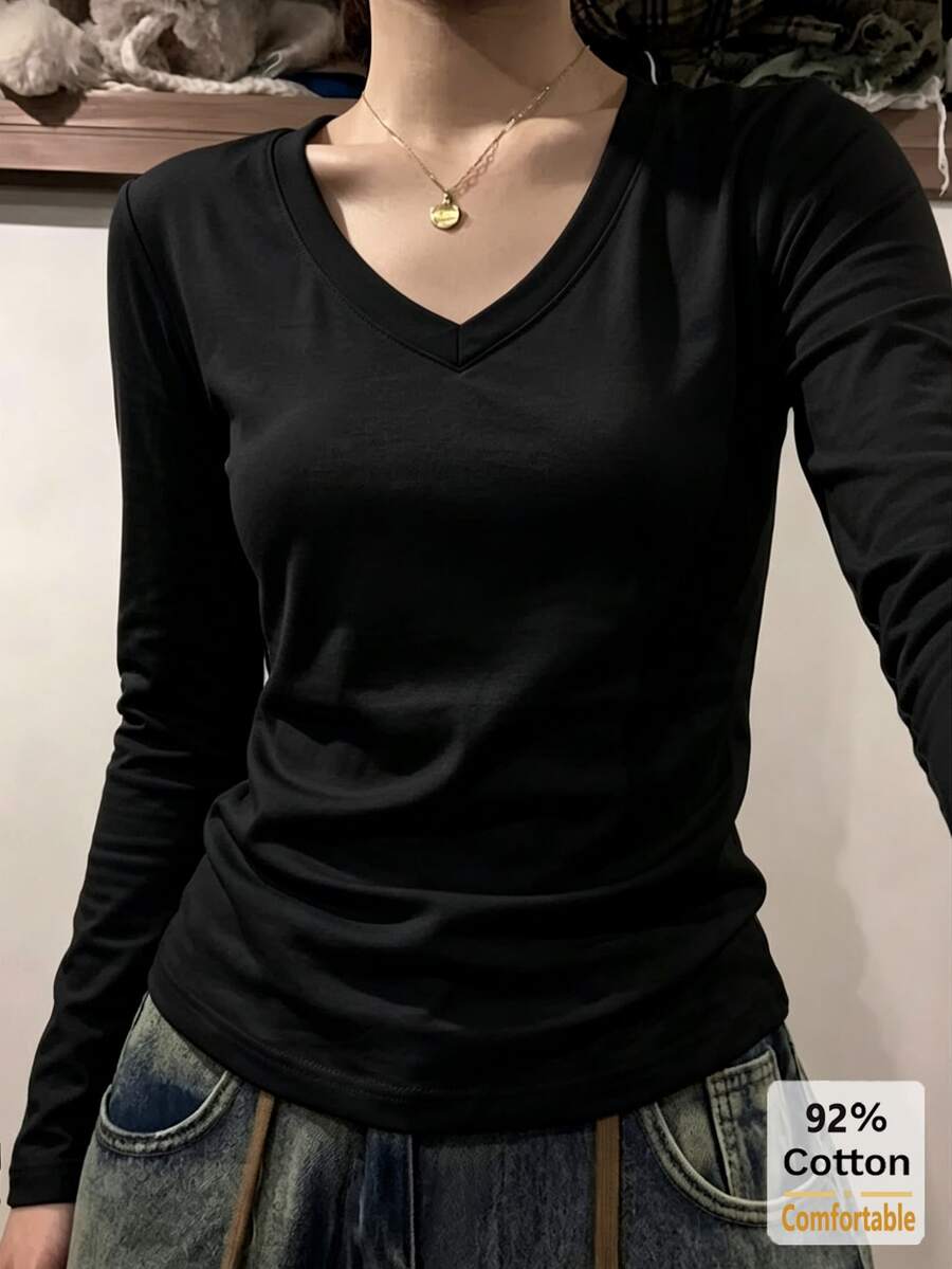 女款黑色V領長袖T恤,秋冬內搭底層上衣,修身顯瘦純色,92%棉 - 黑色 - 查看 1