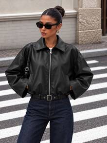 Women's Oversized Belted PU Leather Jacket, Zip Up Drop Shoulder Moto Coat - Black - View 1