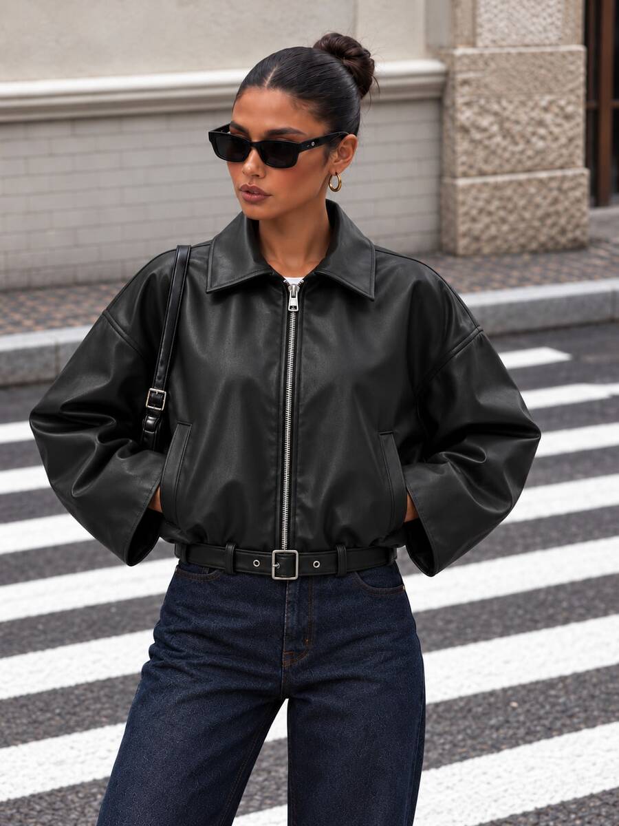 Women's Oversized Belted PU Leather Jacket, Zip Up Drop Shoulder Moto Coat - Black - View 1