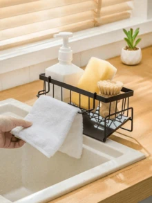 1pc Multi-Functional Sink Drain Rack, Can Hold Dish Soap, Sponge, Dishcloth, Kitchen Utensils, Drain Ball, Sink Cloth Storage Rack, Upgraded Carbon Steel Material, Kitchen Storage Rack, Sink Wiping Cloth And Dishcloth, Carbon Steel Faucet - Multicolor - View 3