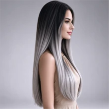 24 Inch Black To Gray Gradient Middle Part Long Straight Hair Wig, Flattering Face Shape, Suitable For Daily Wear, Holiday Parties, Cosplay - Black-grey Gradient - View 3