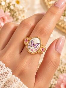 1pc Ladies' Butterfly, Sunflower, Bee Opening Ring, Retro Gold Oval Flower Design With Pink Flower Decoration, Rustic Jewelry, Nature Enthusiast Gift - Gold - View 1