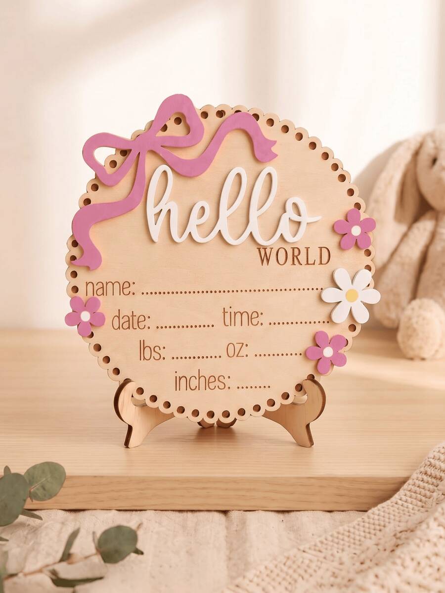 Hello World Wooden Baby Birth Announcement Board, Pink Floral Newborn ...
