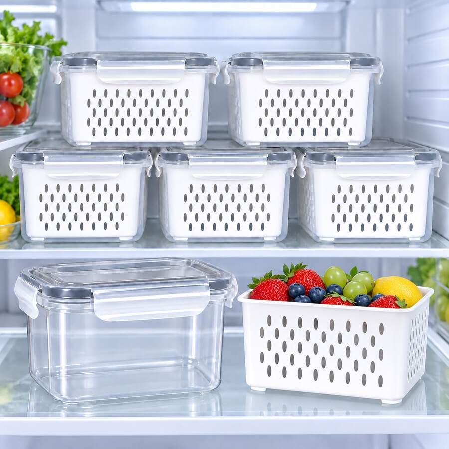2pcs/3pcs/4pcs Refrigerator Food Storage Boxes With Lids And Removable Colander, Stackable Fruit And Vegetable Storage Containers, Transparent Fridge Organizer, Gray/Blue, Multiple Sizes S/M/L/XL
