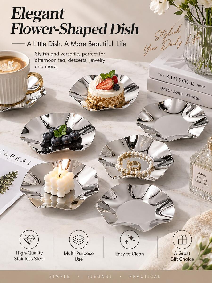 1/2/4/6 ชิ้น จานขนมหวานสแตนเลสสีเงิน, ถาดแก้วกาแฟขอบคลื่นรูปดอกไม้, จาน ...