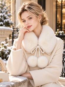 Women's Faux Fur Collar With Pom Poms, Soft Warm Detachable Neck Scarf, Elegant Winter Coat Accessory, Matching Style For Best Friends - Multicolor - View 5