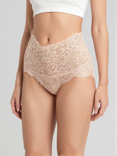 Aesletic 1pc Women's Solid Color Sexy High Waist Lace Thong Panty, Elegant & Romantic Ladies Underwear, Breathable