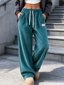 Women's Casual Corduroy Wide Leg Pants, Elastic Waist Drawstring Label Decor Loose Long Pants, Autumn/Winter Loose Street Style With Pockets Halloween Pants - Blue - View 6