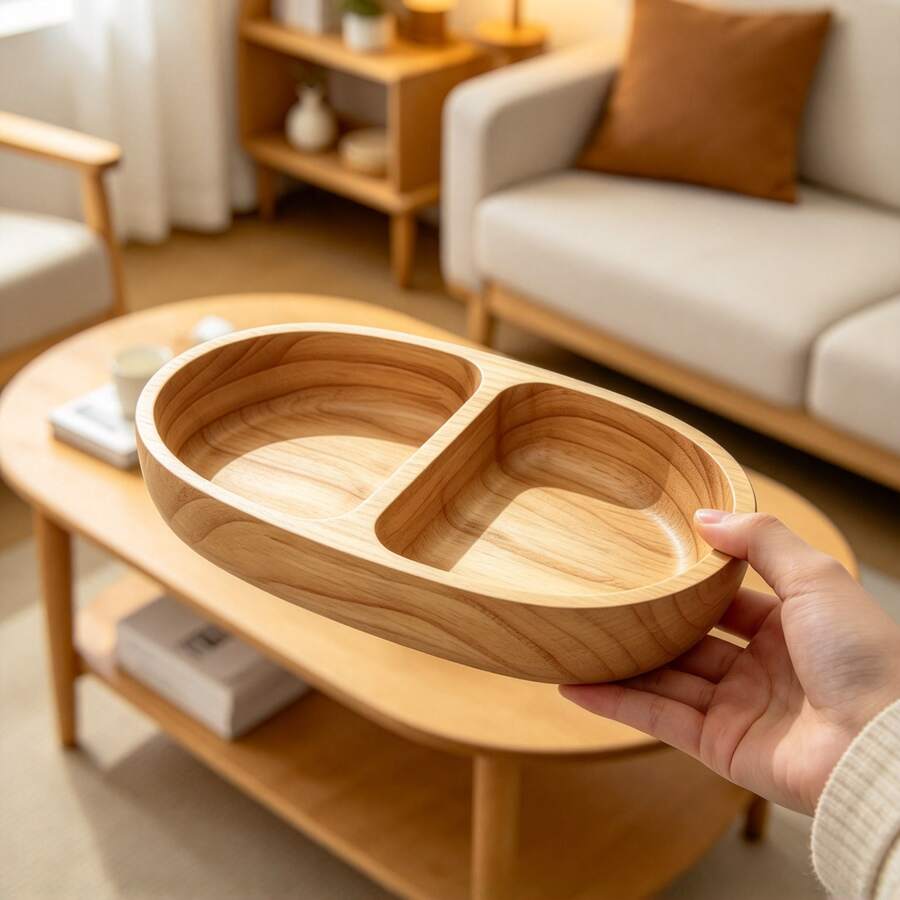 Solid Wood 2-Compartment Storage Tray, Natural Wood Divided Organizer Tray, Desktop Jewelry & Sundries Storage Box, Tea Snack & Dried Fruit Wooden Plate, Home Decor - Oval Double Compartment Style - View 1