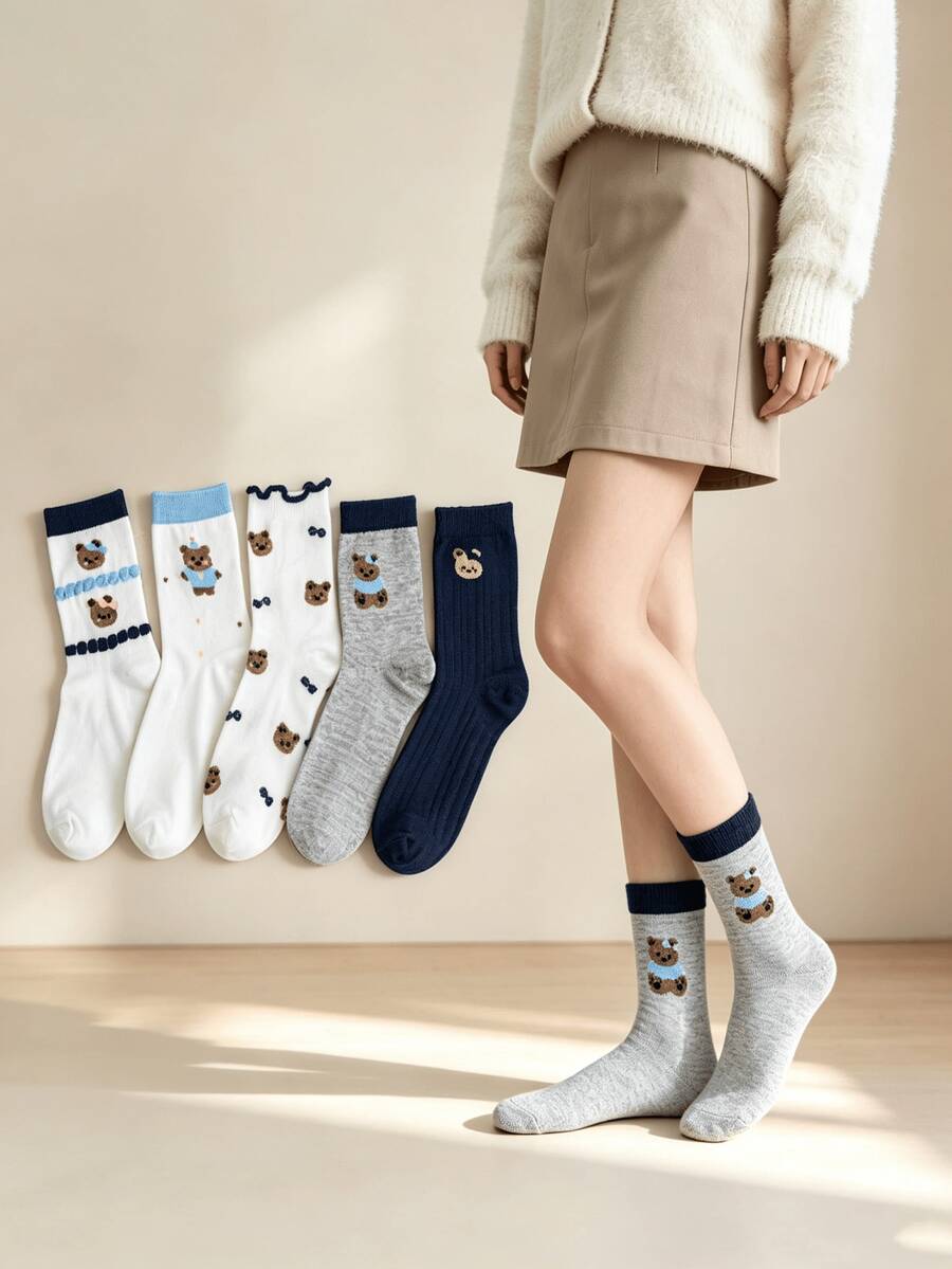 1/5 Pairs College Style Cartoon Bear Jacquard Sweet Comfortable Versatile Mid-Calf Socks - Multicolor - View 1