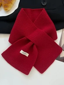 1PC Women's Red Solid Color Knitted Scarf Cross Neck Warmer, Fashion Casual Autumn/Winter Accessory, Suitable For Parties, Daily Outings And Warmth - Red - View 3