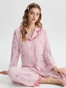 Aesletic 2pcs/Set Women's Loose Comfortable Breathable Bowknot Print Long Sleeve Top + Pants Cute Pajama Set - Pink - View 2