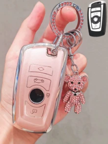 Car Key Cover With Rhinestone Bear Keychain, Quicksand Pink Key Cover YK2 Suitable For BMW 1, 3, 5 Series, F20, F30, G20, F31, F34, F10, G30, F11, X3, F25, X4, I3, M3, M4 - Essential For BMW Enthusiasts - Quicksand Style - View 4
