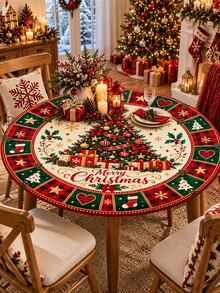 1pc Christmas Tree Gift Table Cover, Elastic Fitted Tablecloth, Merry Christmas Tree Snowflake Heart Star Plaid Print Stretch Spandex Dining Table Cover For Xmas Holiday Party Kitchen Farmhouse Home Decor - Multicolor - View 7