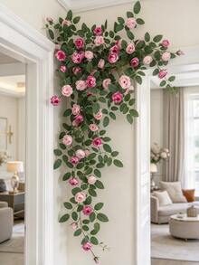 Pink Artificial Rose Vine With Green Leaves, Bendable Flower Garland, Suitable For Bedroom Wall, Balcony Railing And Wedding Backdrop Decoration - Multicolor - View 2