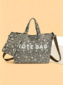 Bộ túi tote nữ mới, chất liệu canvas họa tiết da báo chữ sao, dây đeo vai tháo rời, nhiều cách mang, dung tích lớn, đơn giản và đa năng - Xám - Xem 2