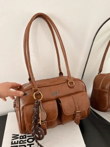 Women's Vintage Solid Color PU Leather Dark Academia Bag, Multi-Pocket Office Handbag With Detachable Pendant, For Halloween Party And Daily Casual - Multicolor - View 13
