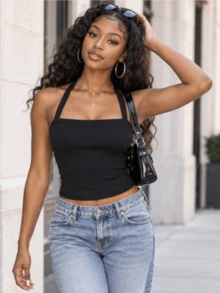 Summer Casual T-Shirt Solid Color Halter Sleeveless Tops Party Outfits Going Out Tops Women - Black - View 1