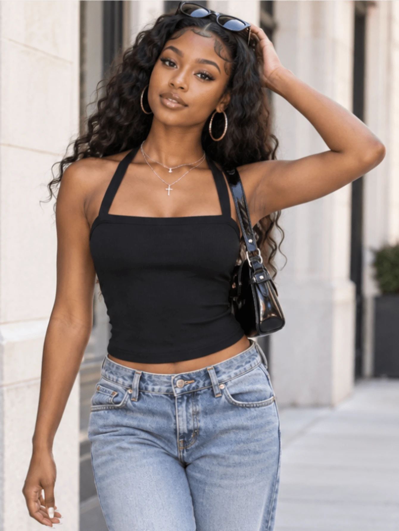 Summer Casual T-Shirt Solid Color Halter Sleeveless Tops Party Outfits Going Out Tops Women - Black - View 1