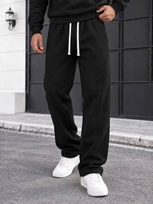 2pcs Men's Casual Sweatshirt Set, Fashionable Unique Solid Color Design, Half Zip, Slanted Pockets And Drawstring Detail, Perfect For Daily Casual Wear, Stylish Minimalist Outings, Commuting And Street Style, Suitable For Spring Autumn Winter Seasons, Can Be Used As Halloween Christmas Gift For Men - Black - View 5