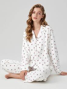 Aesletic 2pcs Women Loose Comfortable Breathable Long Sleeve Top + Long Pants Pajama Set, Cute Loungewear - White - View 2
