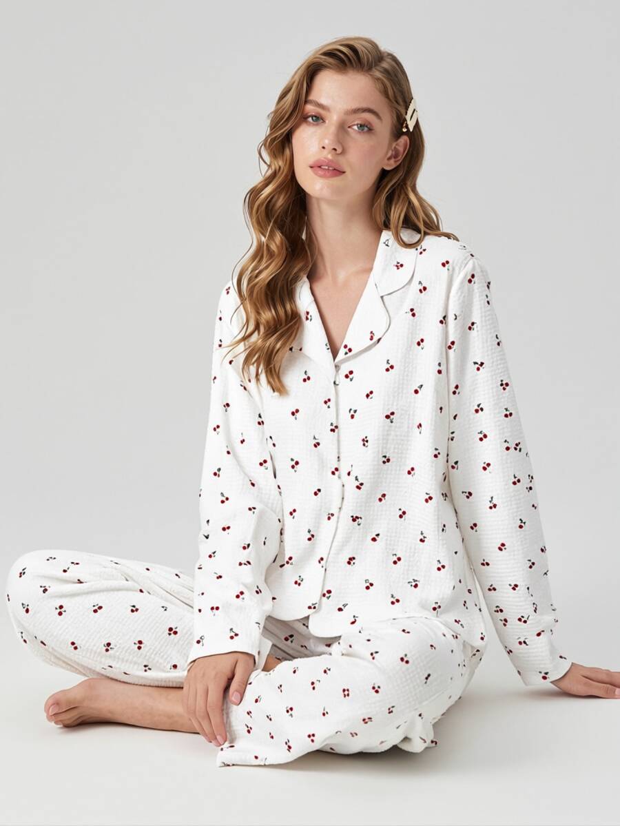 Aesletic 2pcs Women Loose Comfortable Breathable Long Sleeve Top + Long Pants Pajama Set, Cute Loungewear